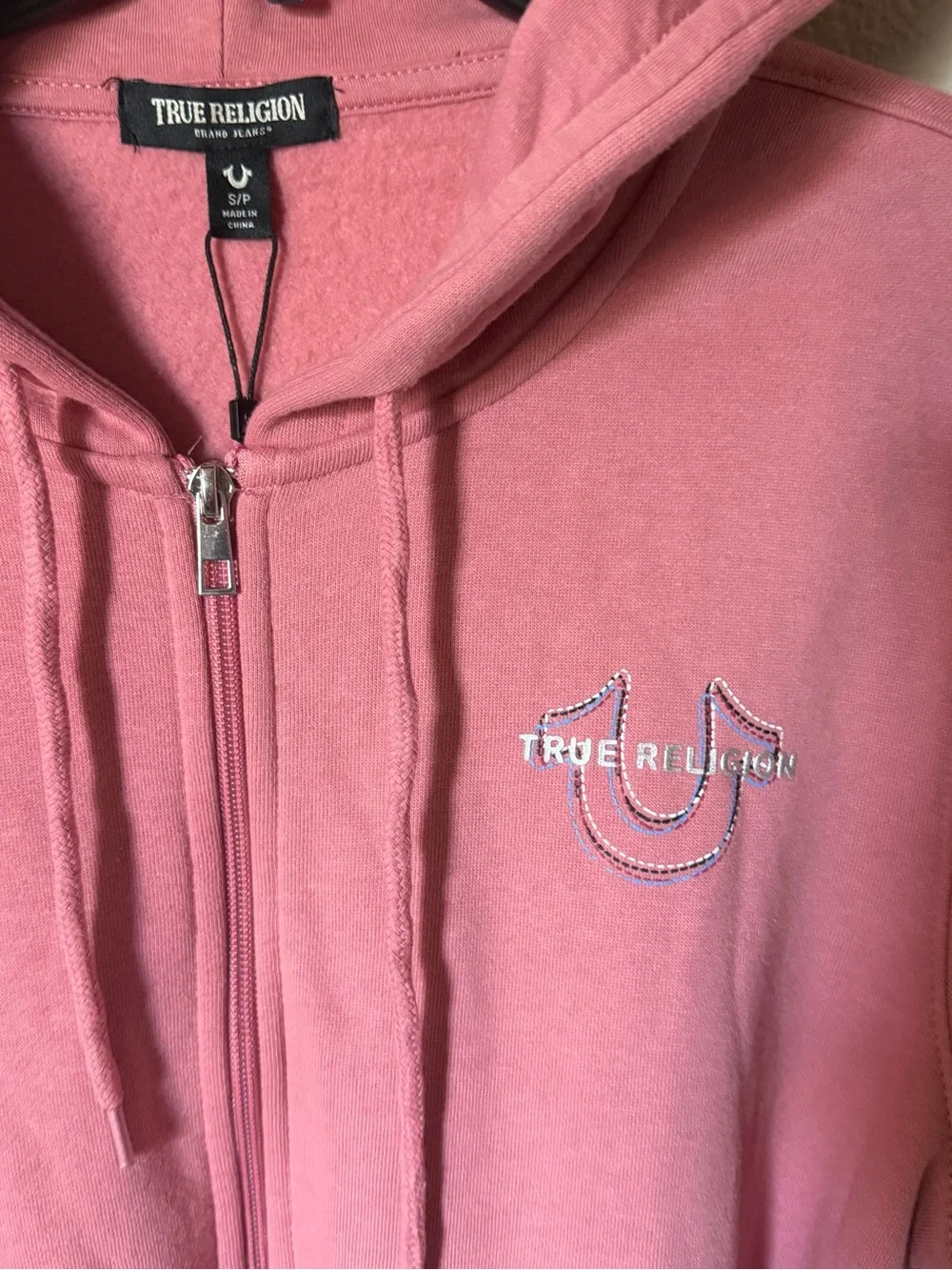 TRUE RELIGION Mens Small Zip Up Hoodie Pink Brandied Apricot Pockets NWT $118